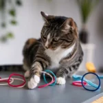 cat is playing with hair ties