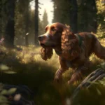 Are cocker spaniels hunting dogs? A brown spaniel running through a green landscape.