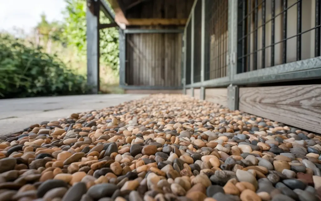Natural pea gravel flooring in a cozy outdoor dog kennel