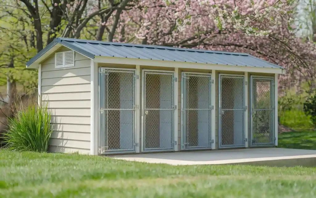 White multi-unit dog kennel with five mesh doors under blooming cherry treesĀ